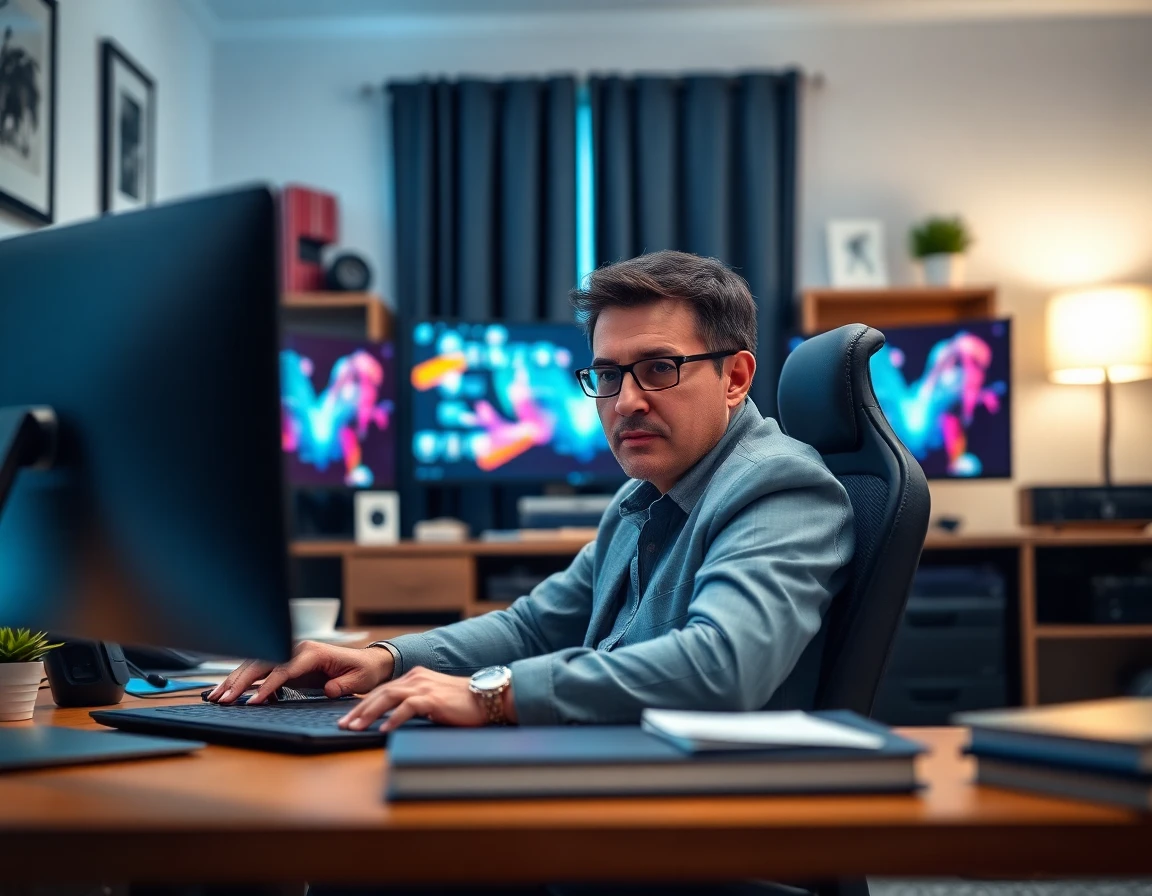 focused professional working at sleek modern home office with multiple screens