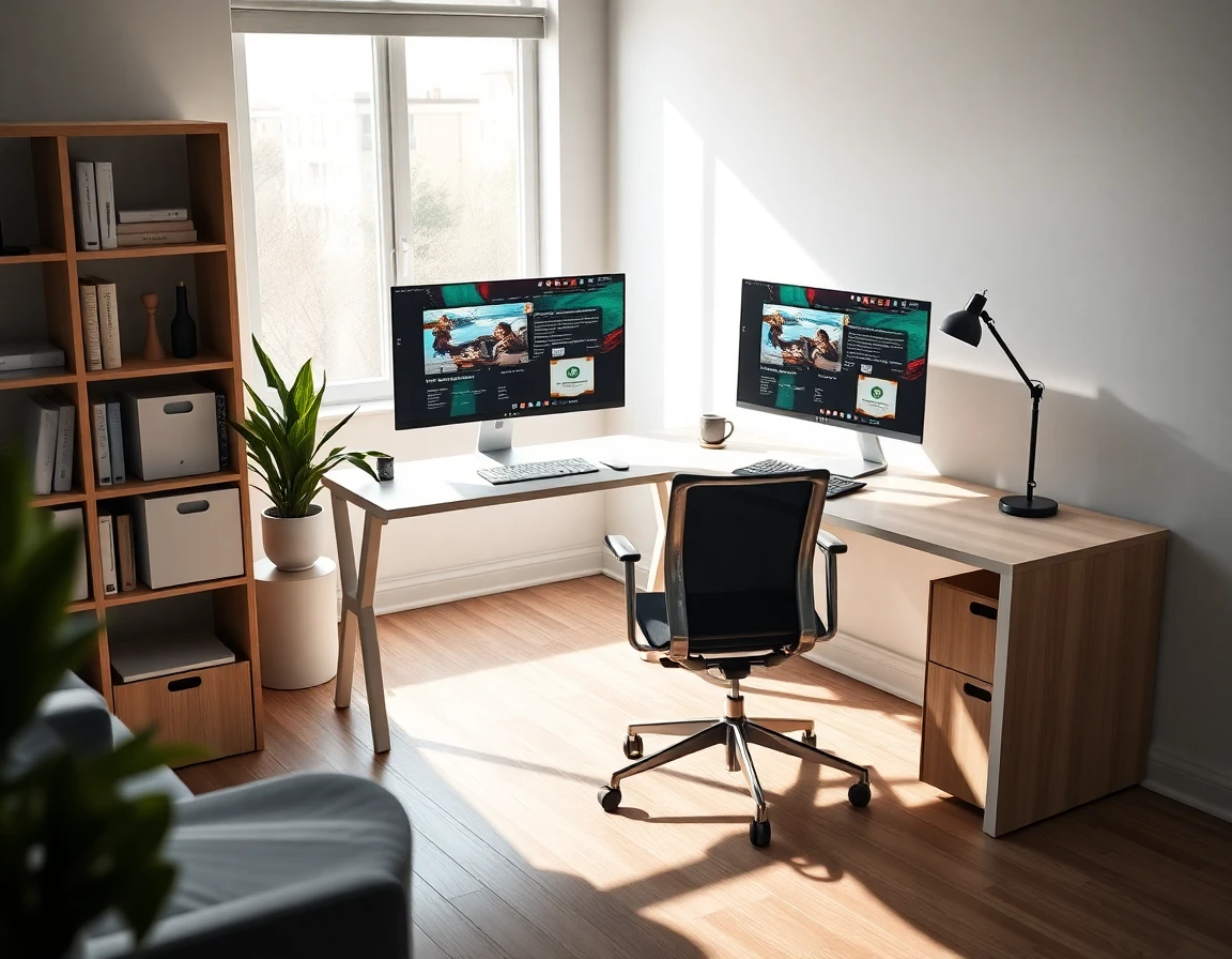 Contemporary home office with sleek desk, dual monitors, and soft natural lighting, professional atmosphere