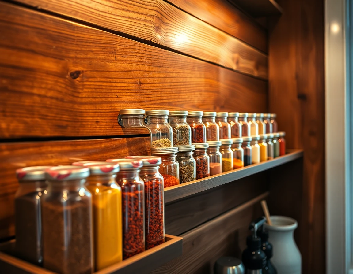 Close-up of a colorful spice rack with glass jars in a well-organized rustic kitchen corner