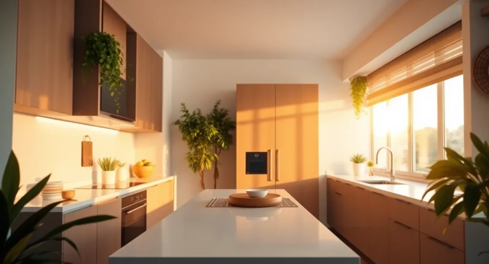 Cinematic wide banner of modern kitchen with natural lighting, greenery, and sleek design