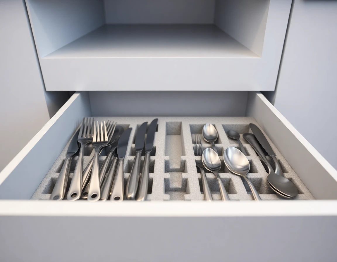 Ultra-sharp image of a neatly organized kitchen drawer with aligned utensils and tools