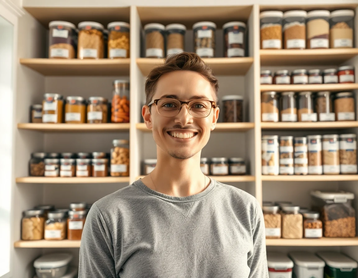 Person organizing a tidy kitchen pantry with labeled containers and bright natural light