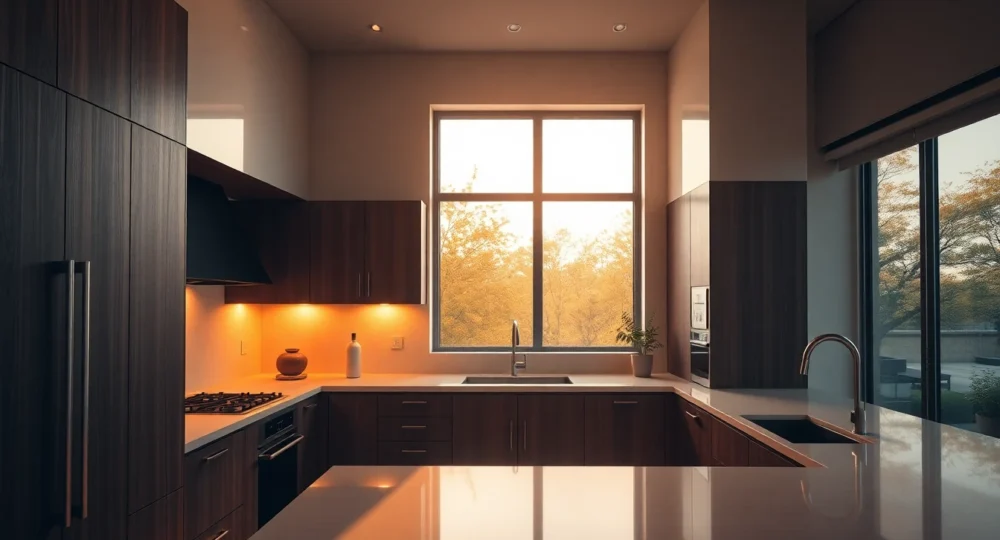 Luxurious modern kitchen interior with warm natural lighting for 'Our Services' banner