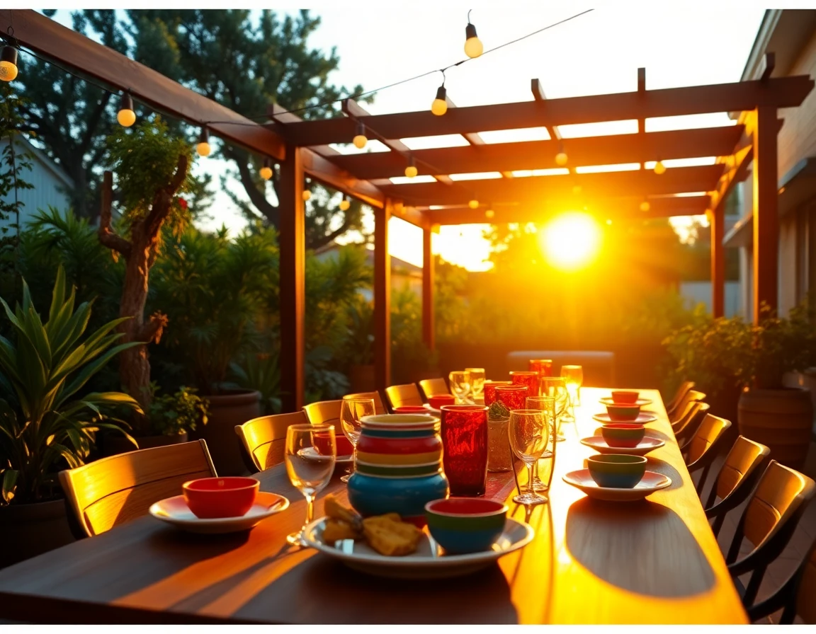 Vibrant outdoor patio with dining table, string lights, lush greenery, and warm late afternoon sunlight