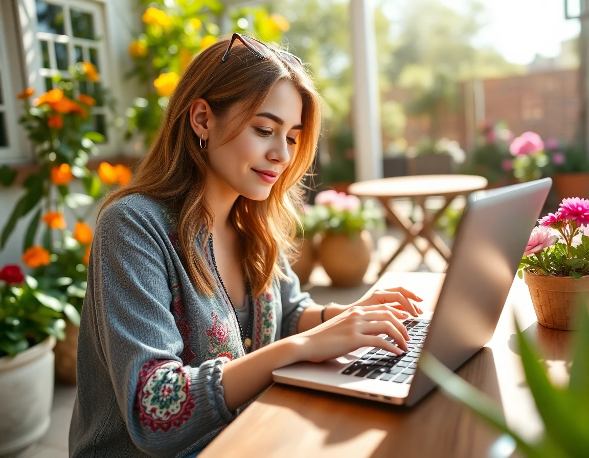 Young freelance writer working outdoors on blog post in sunny patio setting