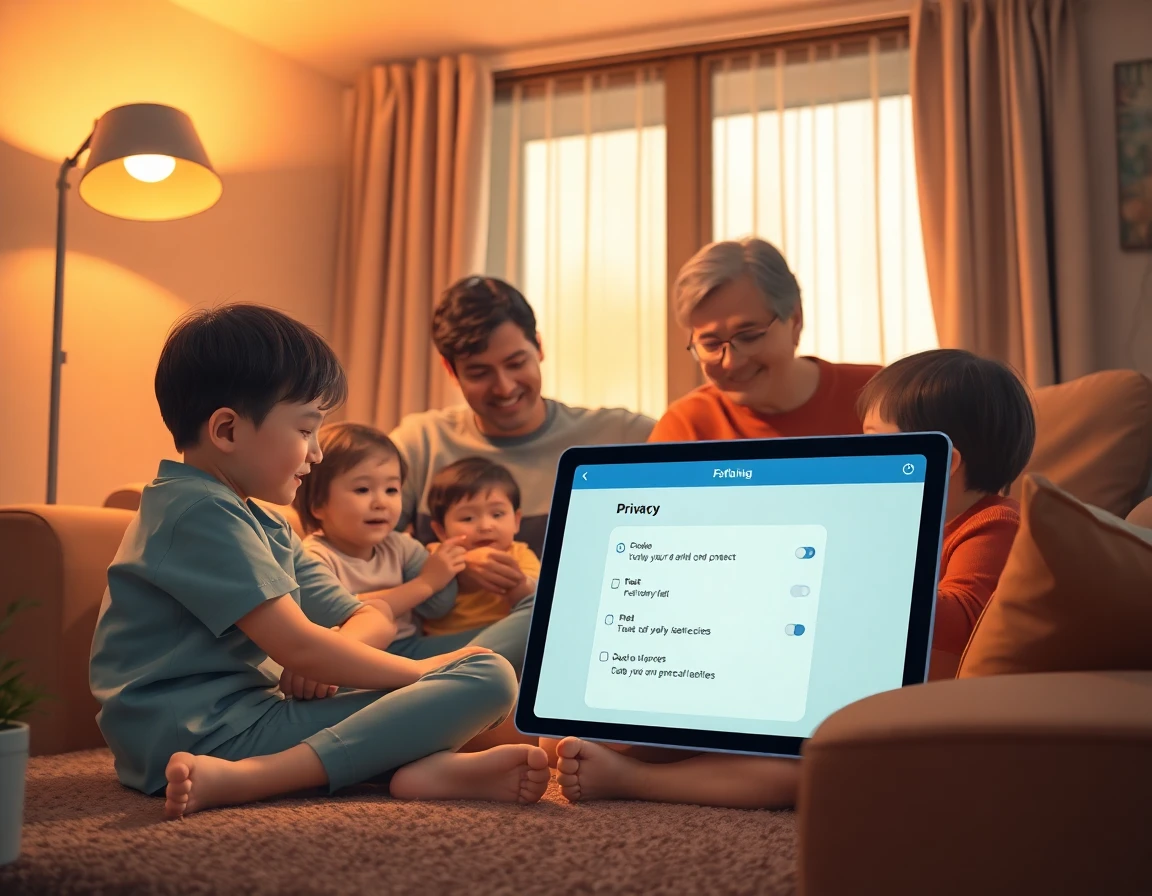 Family discussing privacy settings on tablet in cozy, warm living room
