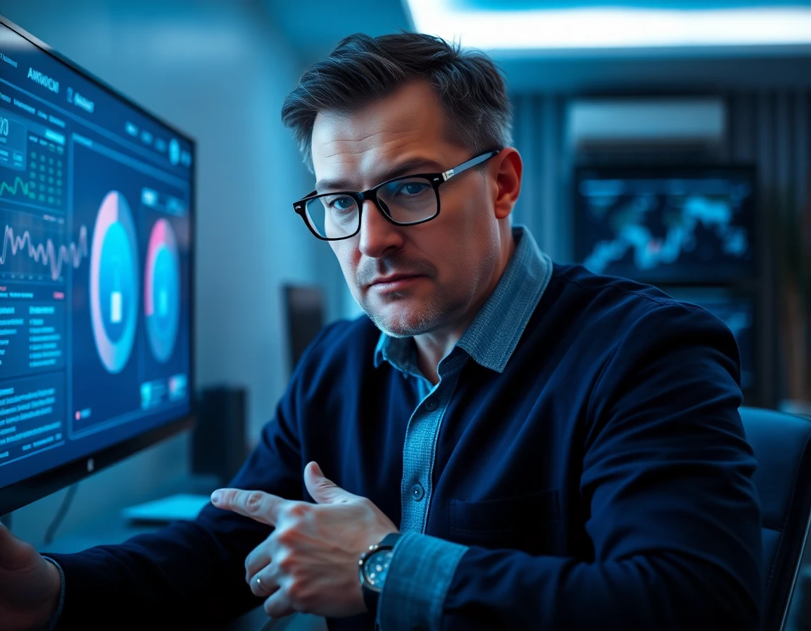 Cybersecurity expert analyzing digital security dashboard in modern home office