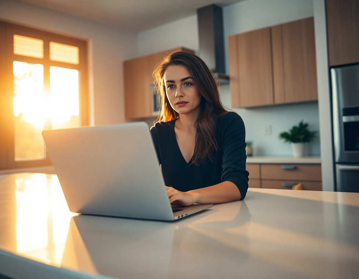 Young woman reviewing privacy policy on laptop in modern kitchen during golden hour
