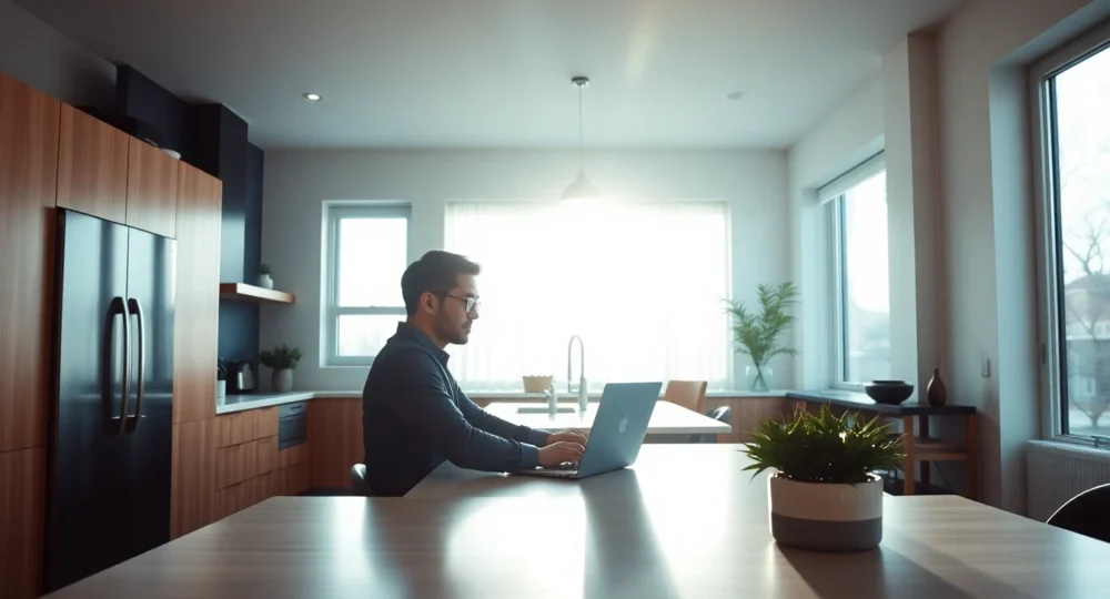 Modern home interior with person at laptop highlighting privacy in a professional setting