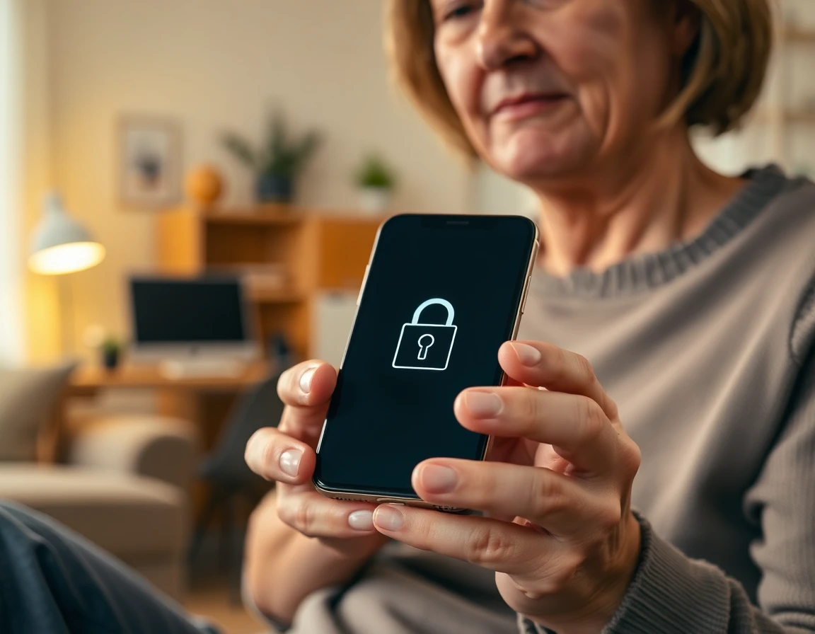 Close-up of person holding smartphone with privacy lock icon in cozy home setting
