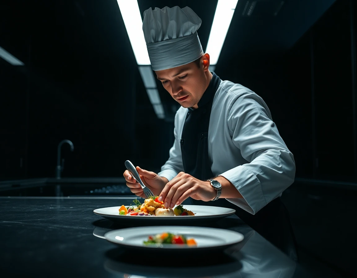Chef preparing gourmet dish in a sleek, minimalist kitchen with dramatic lighting