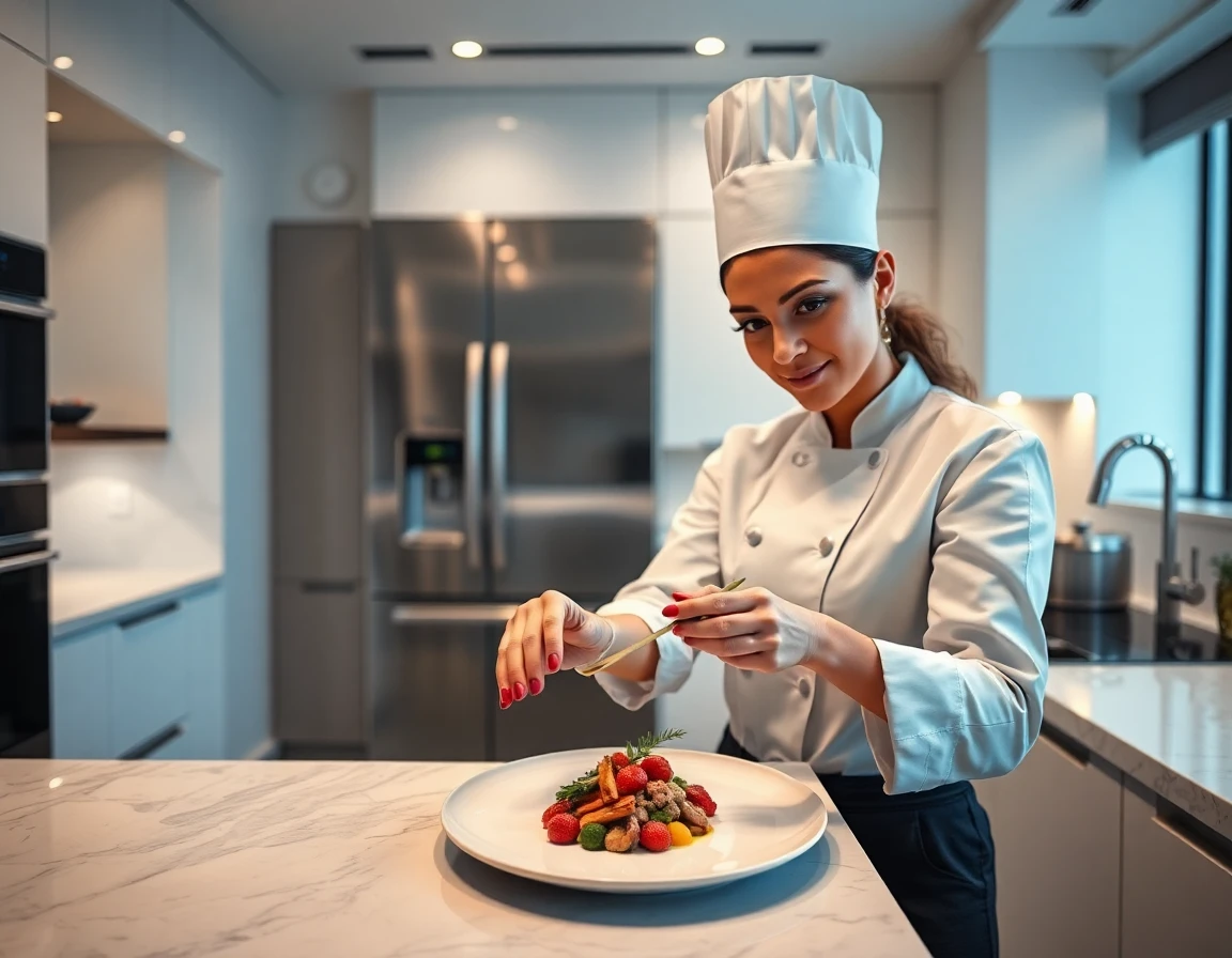 female chef expertly plating gourmet dish in modern home kitchen with elegant design