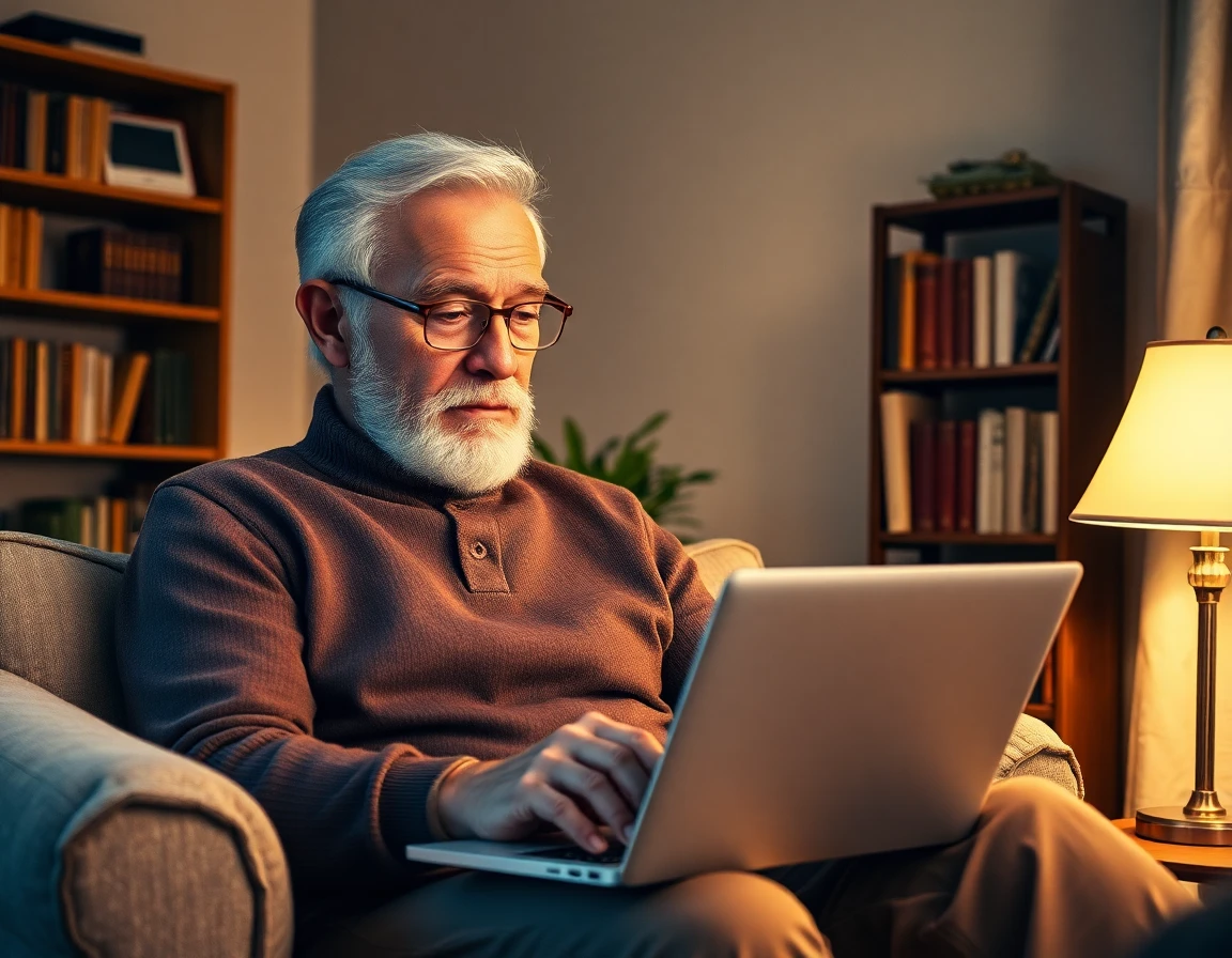 Senior man reviewing content removal on laptop in cozy home nook, warm ambient lighting, professional and calm