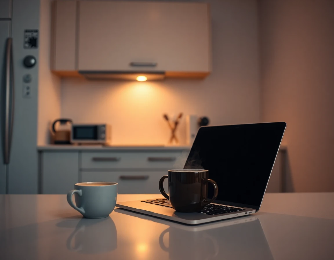 Minimalist home kitchen scene with warm lighting and a steaming coffee cup