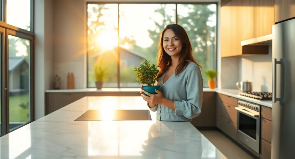Modern kitchen with woman holding herb plant, cinematic wide banner, warm natural light