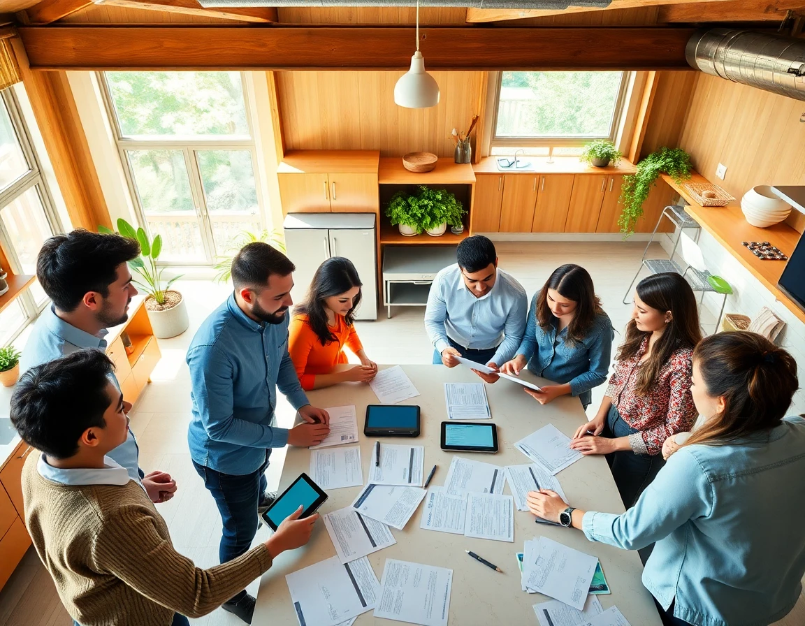 Diverse professionals collaborating in a bright modern kitchen, energetic, professional atmosphere