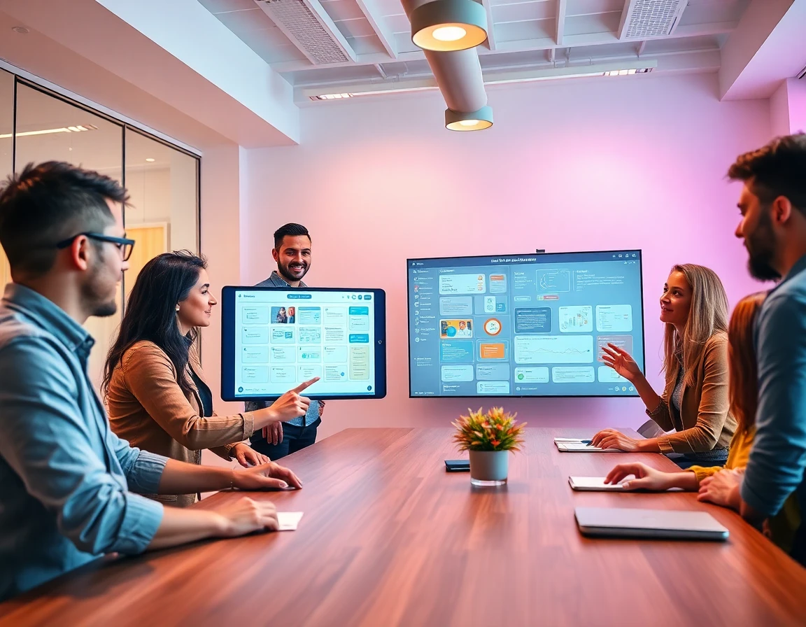 Diverse team collaborating on sitemap diagram in modern office, energetic and professional environment