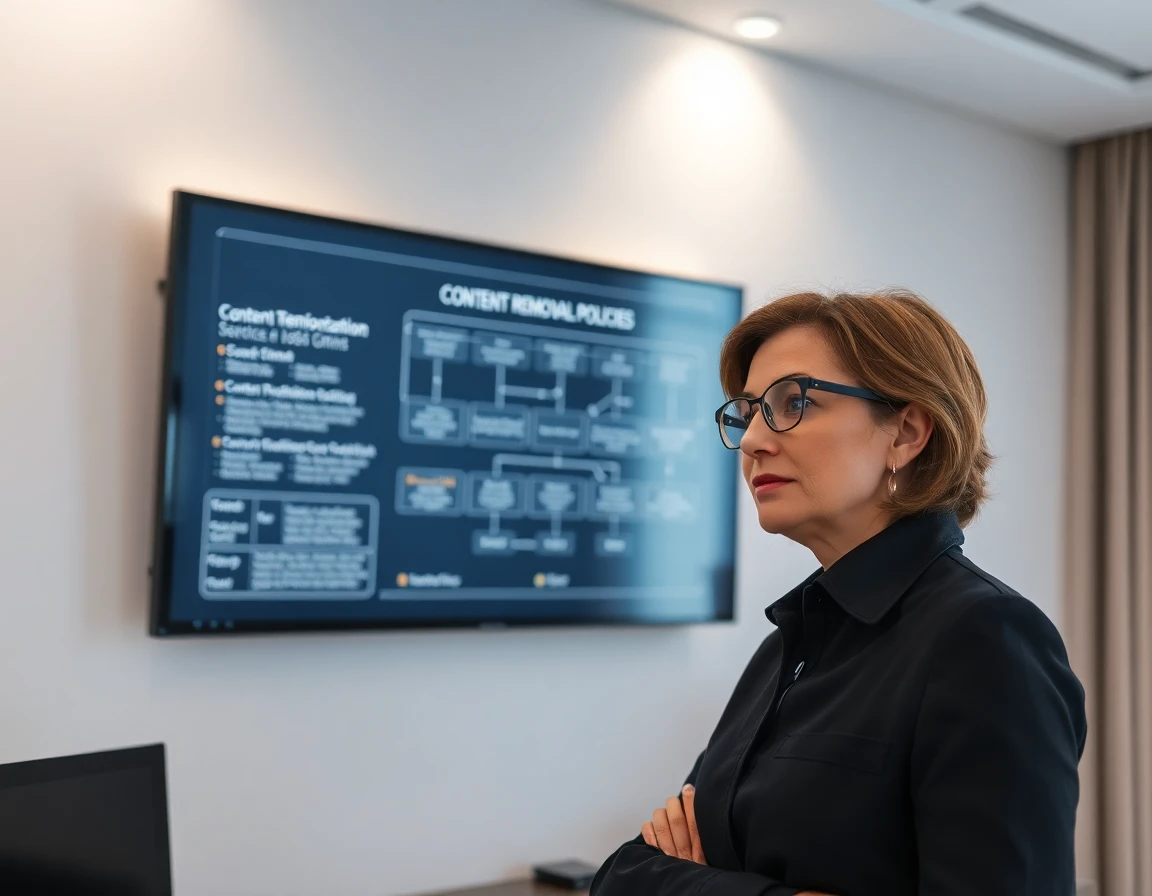 Female technician inspecting content removal flowchart on monitor in modern home office, professional lighting