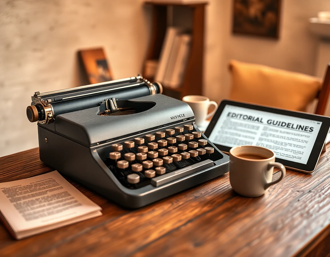 Close-up of vintage typewriter on rustic table with notes and coffee, professional and cozy atmosphere