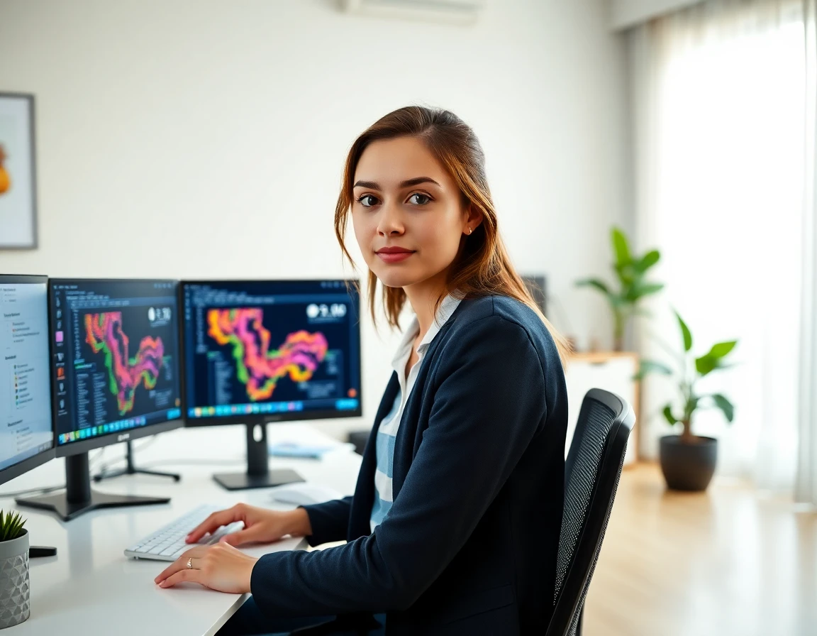 Young female web designer working on sitemap interface, modern office, professional and focused