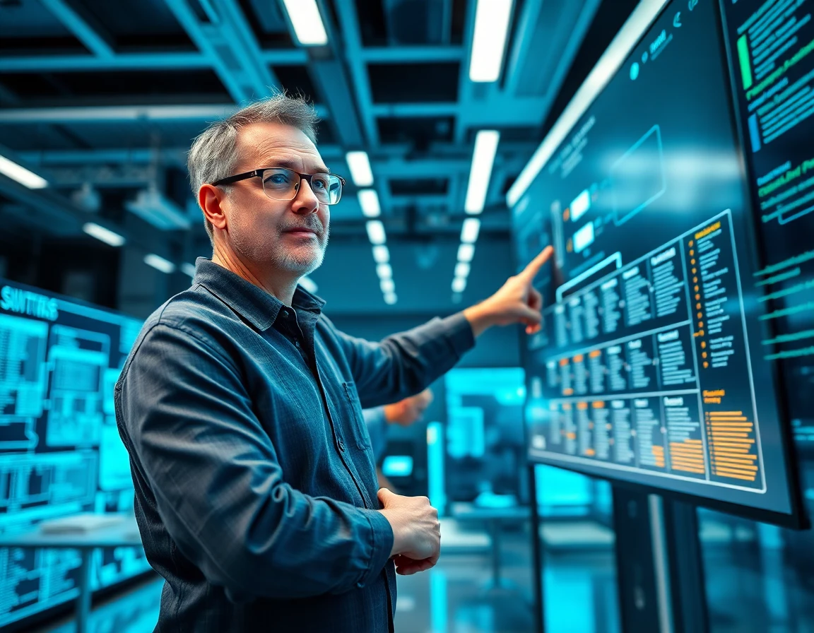 Senior developer analyzing sitemap diagram in high-tech studio, professional and energetic atmosphere