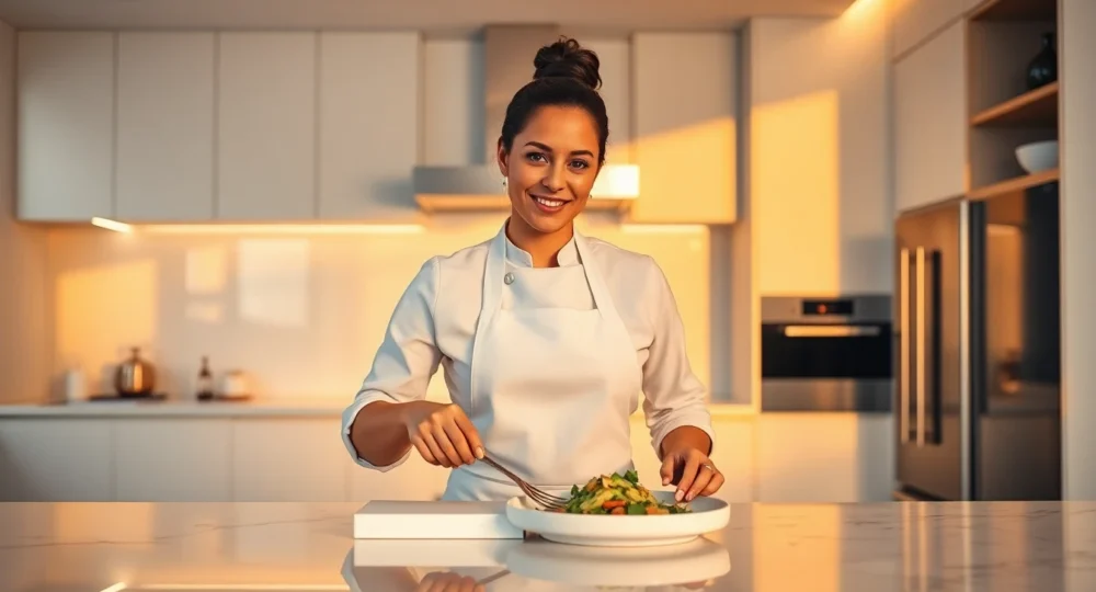 Modern kitchen with white-label branding, professional chef preparing gourmet food, warm lighting, cinematic wide shot