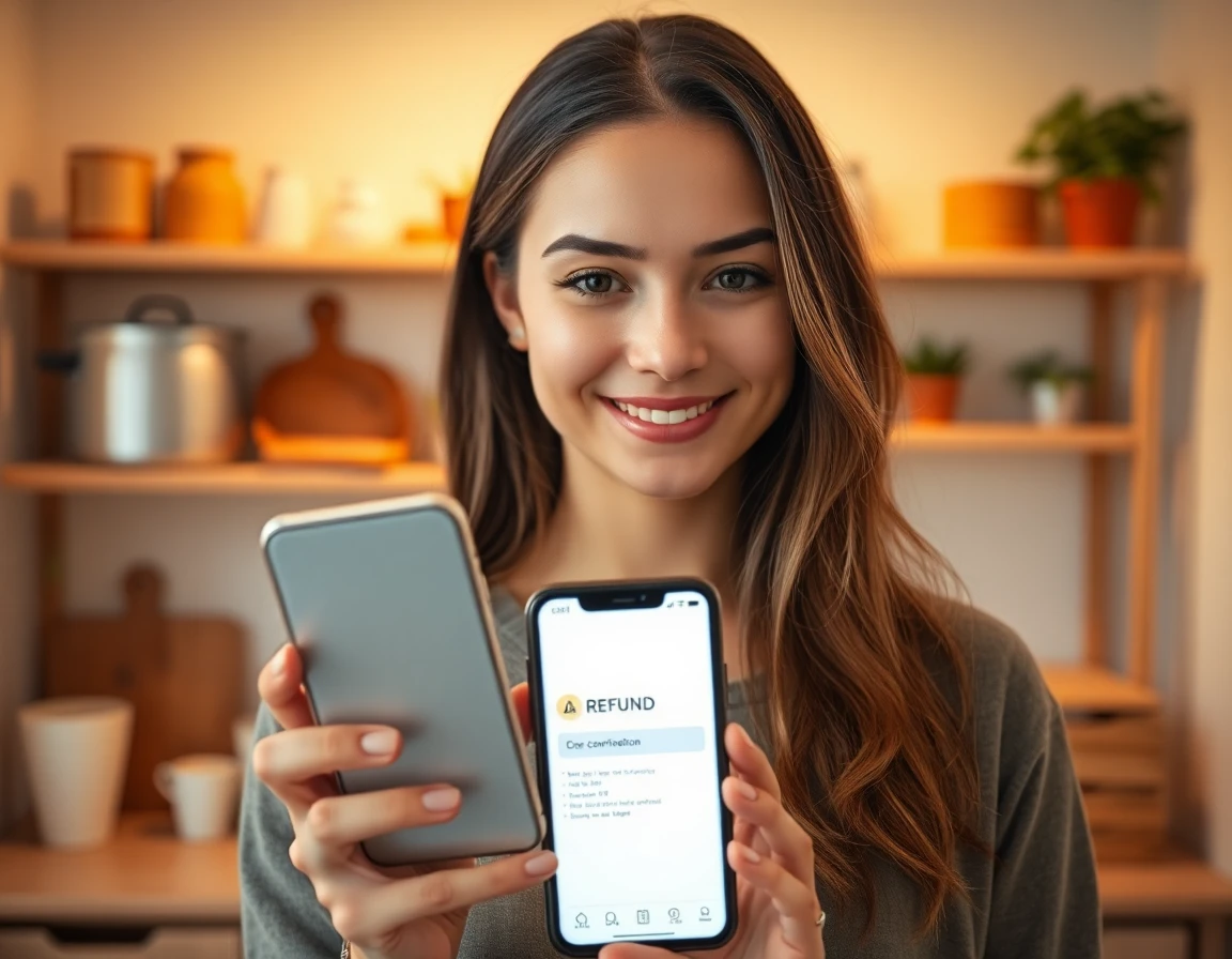 Young woman smiling with smartphone showing refund confirmation, cozy home office, warm lighting