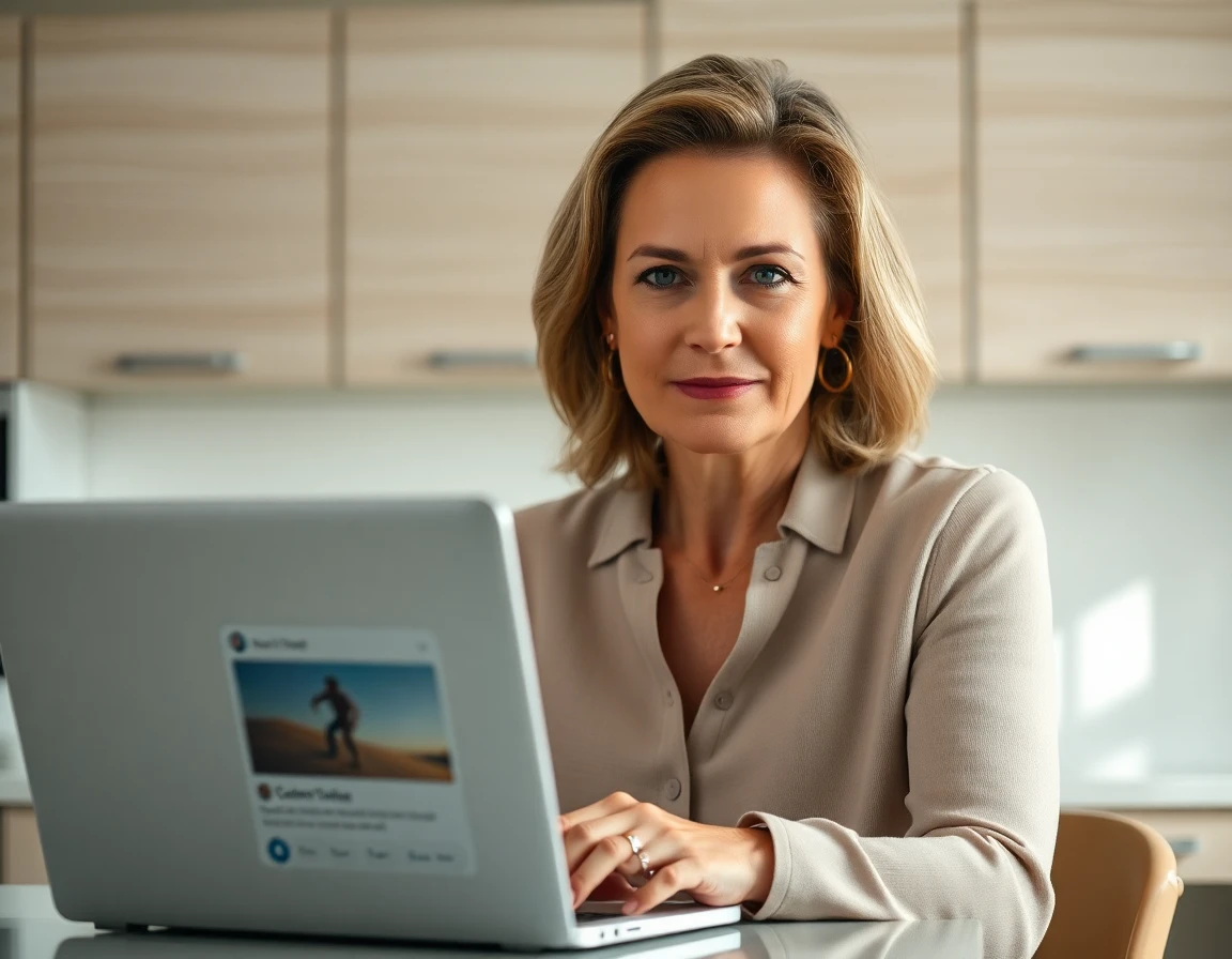 Focused woman working on content removal on laptop in modern kitchen, soft natural light, professional atmosphere