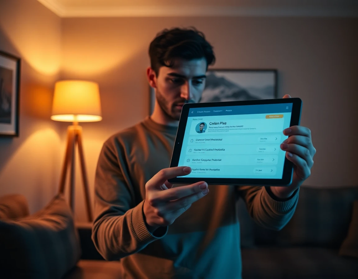 Young man moderating content on tablet in warm living room, ambient lighting, professional and relaxed mood