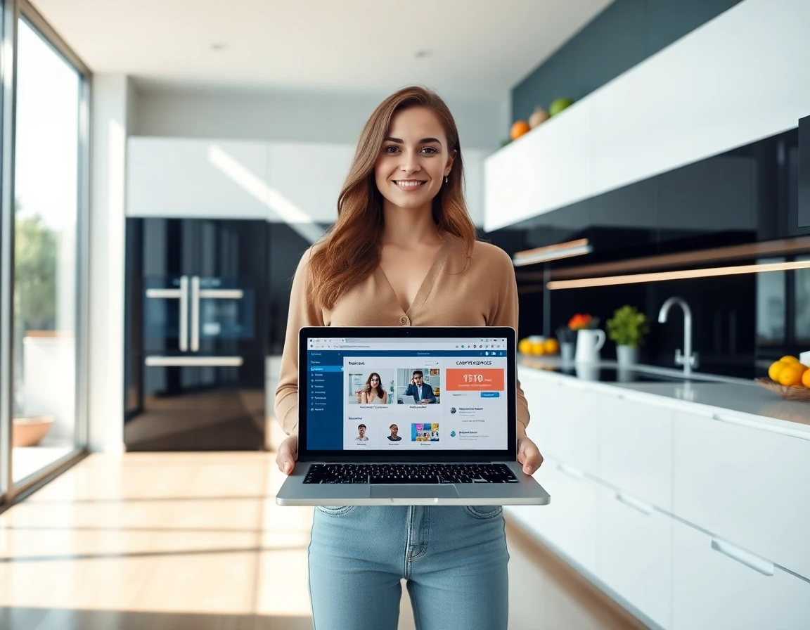 Young woman confidently using laptop in modern kitchen, vibrant and professional atmosphere