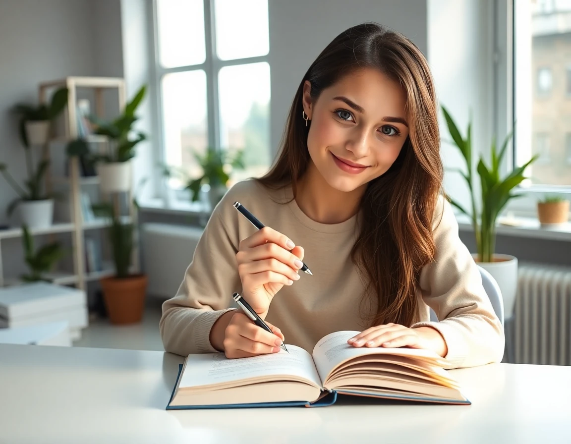 Young female author writing in bright, modern home office with plants and books