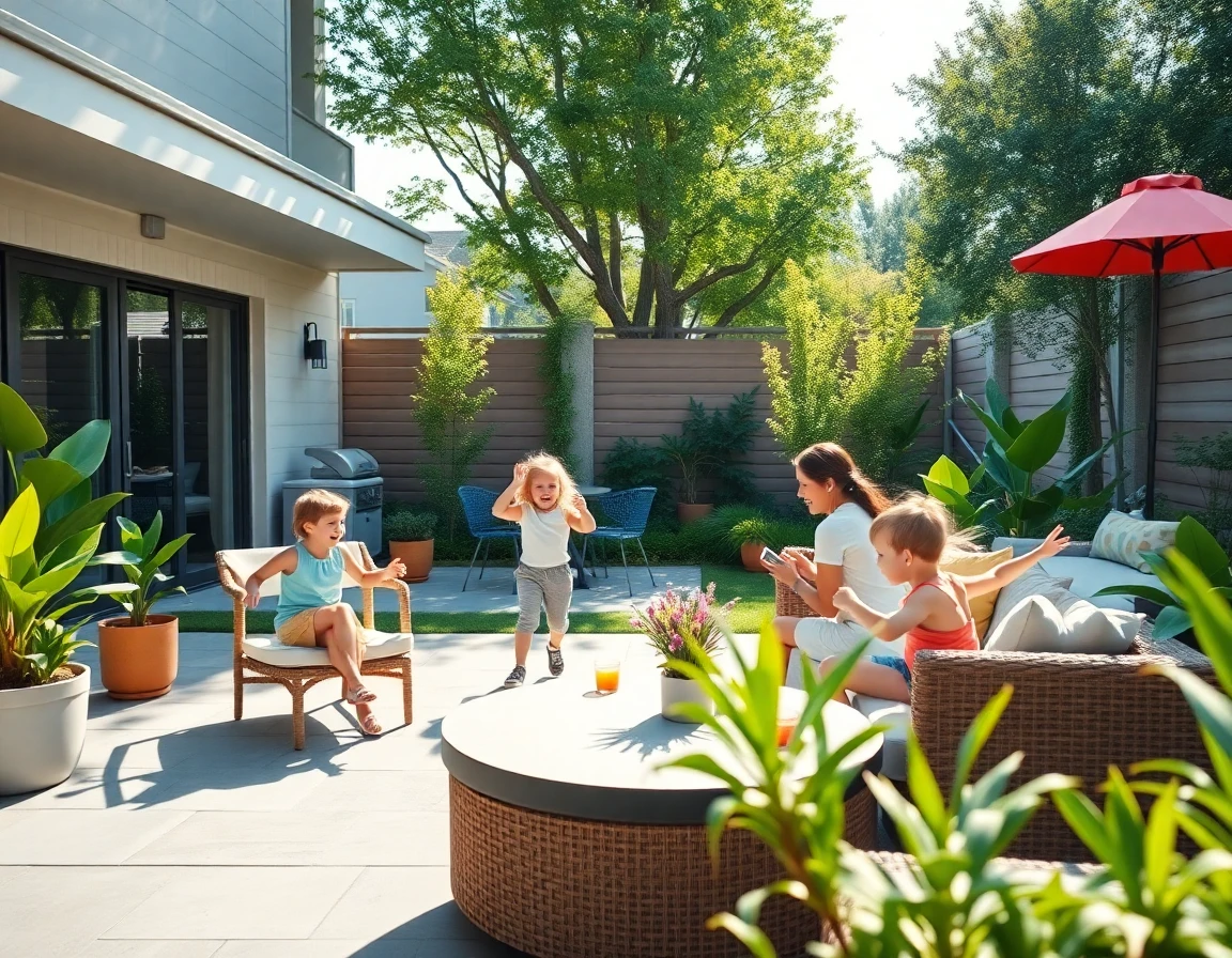 Family enjoying outdoor space in a modern Bloxburg backyard with lush landscaping