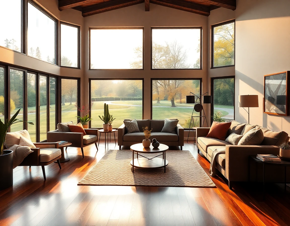 Interior of a modern Bloxburg house living room with panoramic windows and cozy decor