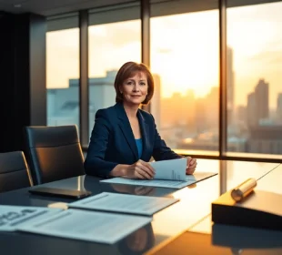 Professional female lawyer in modern office with city skyline during golden hour