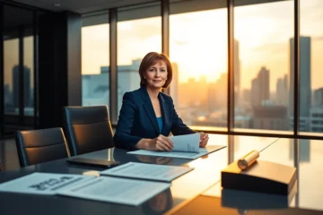 Professional female lawyer in modern office with city skyline during golden hour