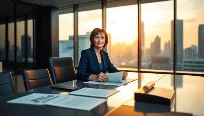 Professional female lawyer in modern office with city skyline during golden hour