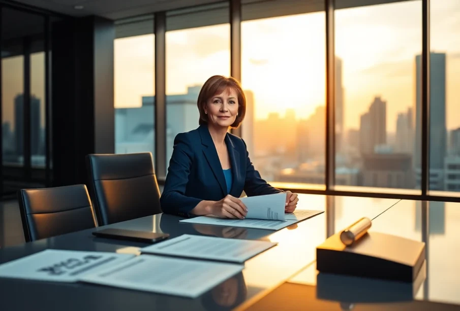 Professional female lawyer in modern office with city skyline during golden hour