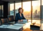 Professional female lawyer in modern office with city skyline during golden hour