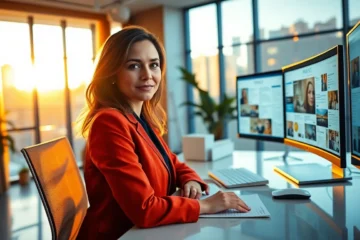 Professional female editor working on insightful magazine articles in a modern office at golden hour