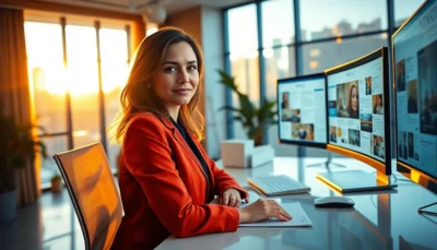 Professional female editor working on insightful magazine articles in a modern office at golden hour