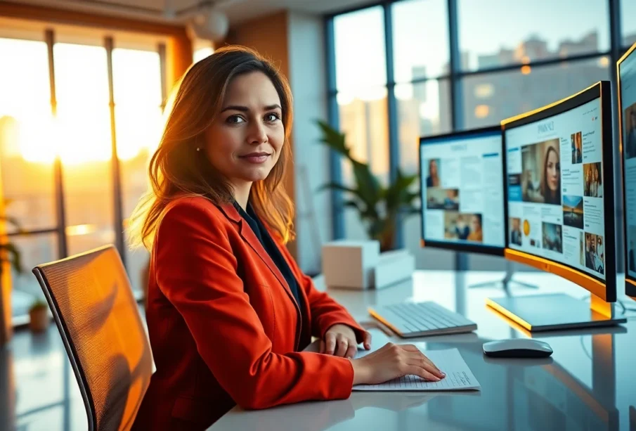 Professional female editor working on insightful magazine articles in a modern office at golden hour