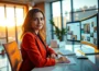 Professional female editor working on insightful magazine articles in a modern office at golden hour
