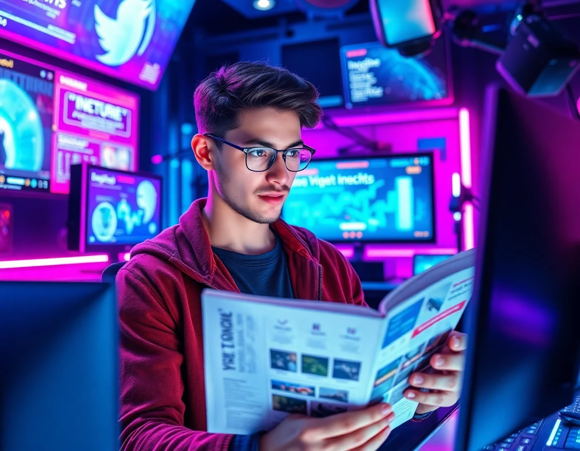 Young tech-savvy content creator working with holographic displays in a futuristic studio