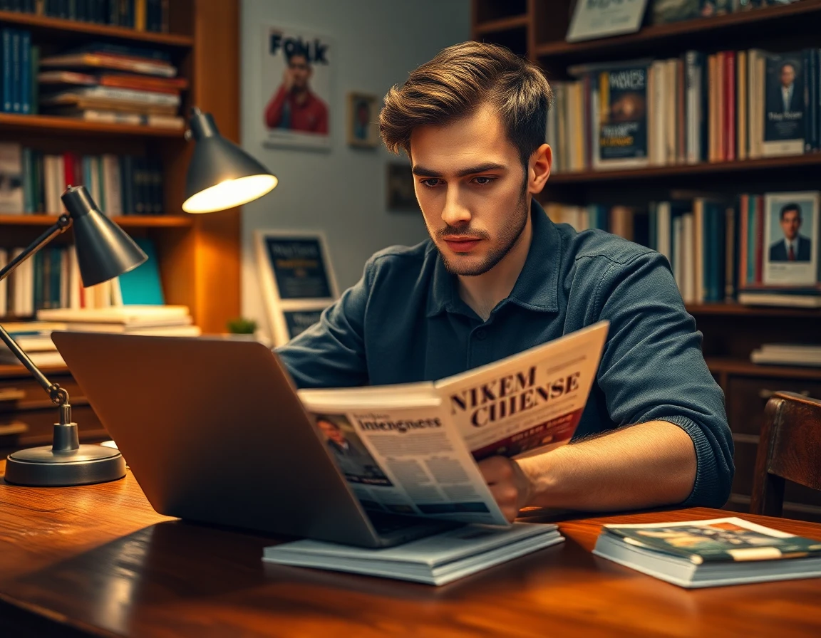 Young male journalist working on insightful magazine content in a cozy newsroom setting
