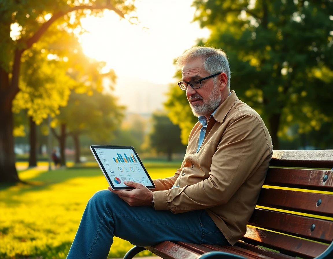 Digital strategist reviewing insightful magazine analytics outdoors during golden hour