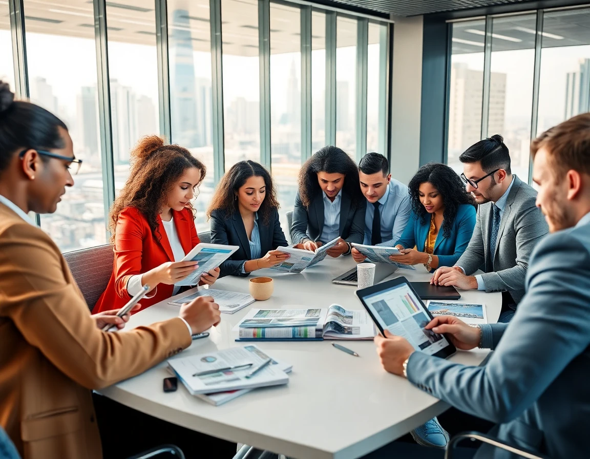 Diverse professionals collaborating with tablets and laptops in a modern office for insightful magazine