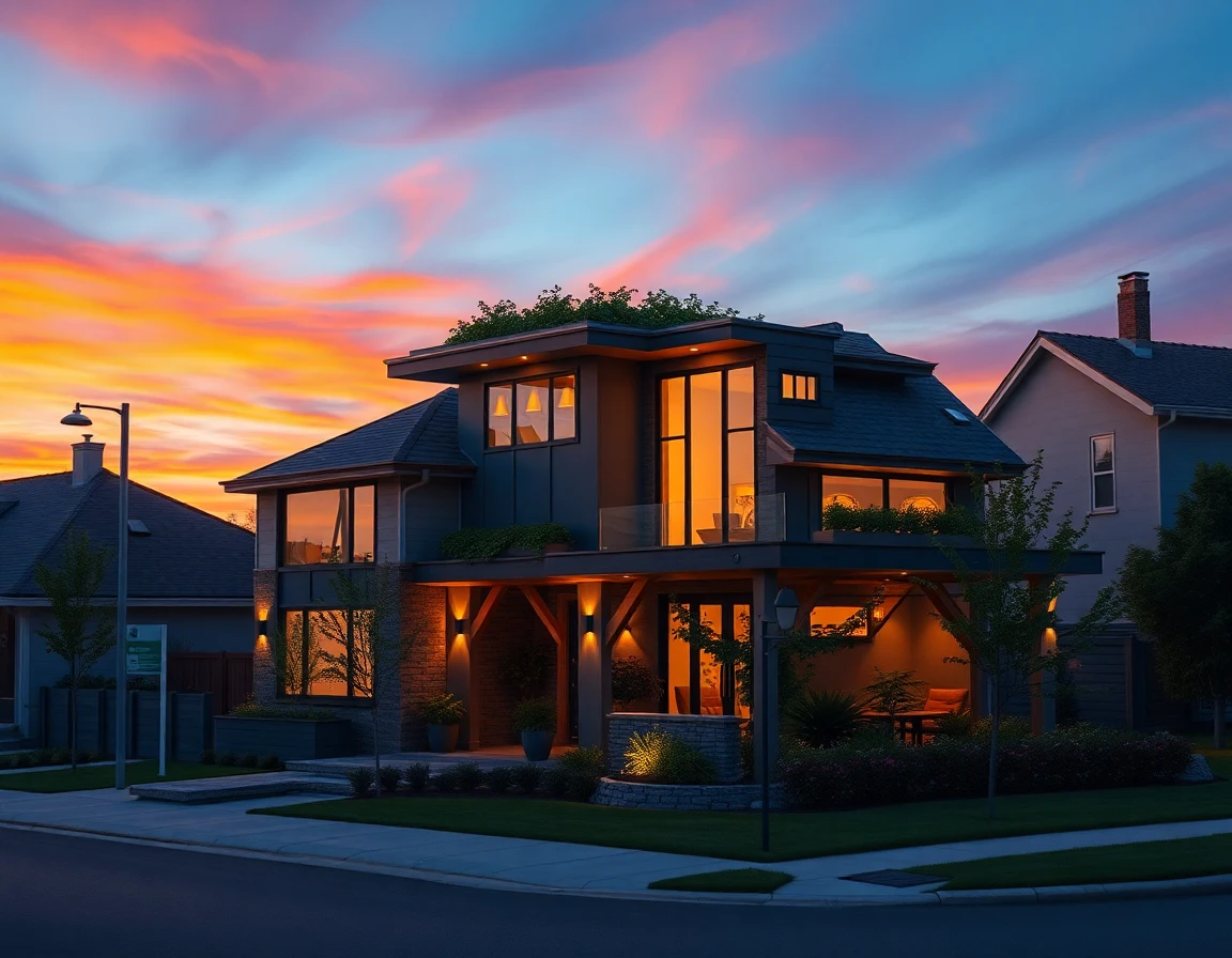 Futuristic Bloxburg house exterior at dusk with rooftop gardens and smart lighting
