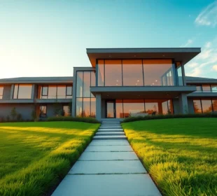 Cinematic wide view of a modern Bloxburg house during golden hour with lush lawn and expansive windows