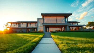 Cinematic wide view of a modern Bloxburg house during golden hour with lush lawn and expansive windows