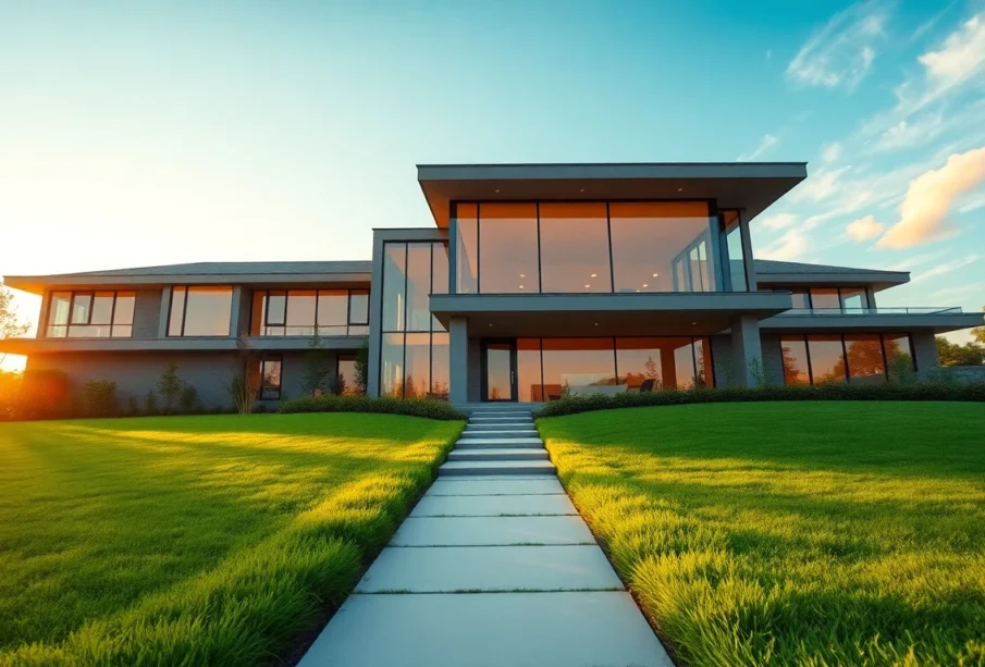 Cinematic wide view of a modern Bloxburg house during golden hour with lush lawn and expansive windows